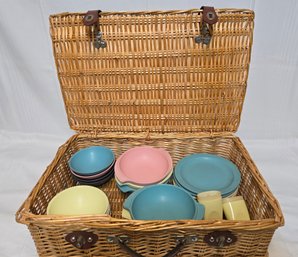 Vintage Picnic Basket Loaded With Boonton Ware Dishes