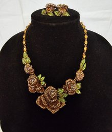 Gold Rose Flower Necklace Earrings Set