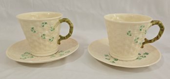 2 Vintage Belleek Ireland Porcelain Shamrock Teacups & Saucers