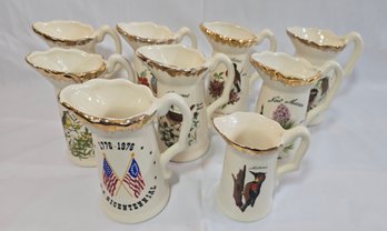 9 Souvenir Creamer Pitchers, State Bird Pitchers, Flag Pitcher