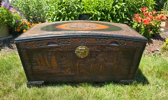 Antique Oriental Hand Carved Wood Blanket Chest Cedar Lined