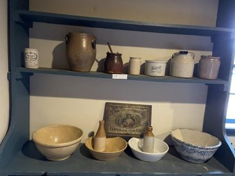 Lot Of Mixing Bowls, Crocks, Fruit Jars, All  Items Have Some Cracks