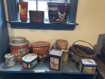 Lot Of Round & Square Tins (new), Splint  Basket, Old Measure