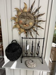 Lot Of Items Including: Metal Sun,  Candlelight Basket, Rock Light