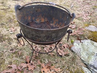 Wrought Iron Stand With Tri Foot Pot, Has Handle  But Missing A Foot