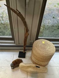 Lot Of Swan, Laundry Basket, Driftwood  Sculpture, Duck Foot Scrapper