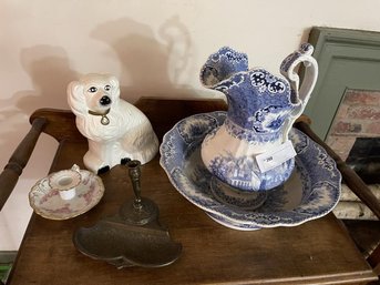 Lot Of Pitcher & Bowl Set, Candlestick Stand,  Staffordshire Dog, Desk Pen Set