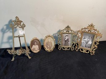 Lot Of (4) Brass Frames & (1) Brass Mini  Easel