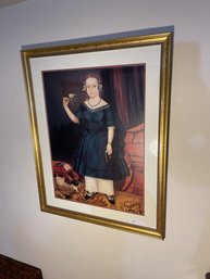 Reproduction Folk Art Print Of Girl, Matted &  Framed, 27.5'x34'