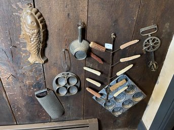 Lot Of Assorted Kitchen Items Including:  Agate Muffin Tin, Fish Mold, Grader, Shifter,  Beater, Egg Poacher, Hanging Corn Drying  Rack