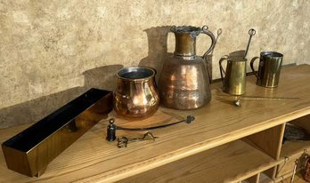 Lot Of (8) Copper & Brass: Candle Snuffers,  Cape Cod Lighter, Mug, Bowl, Pitcher