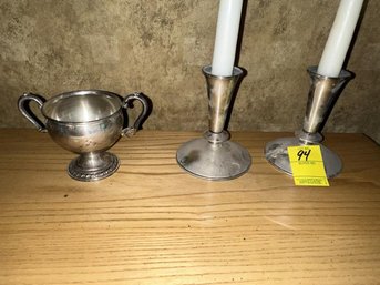 Pair Of Sterling Weighted Candlesticks $'  Tall, Sterling Weighted Sugar Bowl, 3' Tall