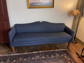 Blue Upholstered Country Style Sofa With  Chestnut Legs, Cushion Has Stains