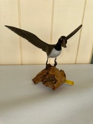 316 Goose In Flight, Painted, Wooden, Signed On Under Belly, 14' Wingspan, 11' H, On Driftwood Base