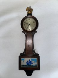 319 Banjo Clock, 12 Day, With Eagle Finial And Ship Picture On Base, Wind Up, 18' H