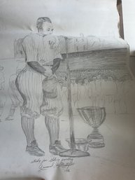 403 Pencil Sketch Of Lou Gehrig, 1992, By LaMontagne, Stained, Rolled Marks And Rips, 26' X 40'