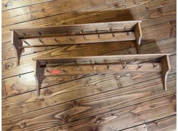 Lot Of (2) Wooden Wall Hanging Shelved, Each With (8) Hooks, 52'Long