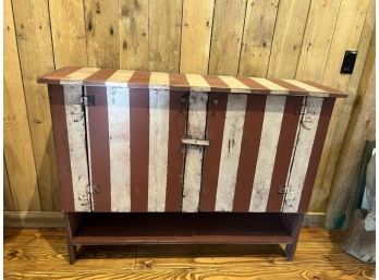 Large Top Of Hutch, Side Table, With (2) Doors On Front, Painted Red & White Strip, Lower Shelf, 4'W X 14'D X 37'T