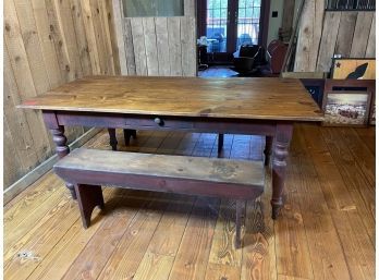 Pine Table With (1) Drawer & (2) Benches 6'Long X 3'Wide X 30'Tall