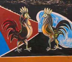 Two Roosters, 1981, 1981 Oil On Gessoed Panel
