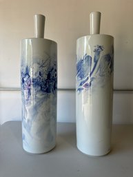 Pair Of Blue And White Tall Porcelain Pots