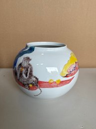 White Chinese Porcelain Painted Pot With Yellow Star And Monkey