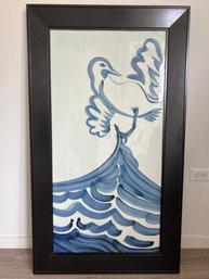 Bird On Wave Framed Chinese Porcelain Panel