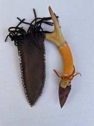 Indian Deer Antler Tine Knife In Leather Holder