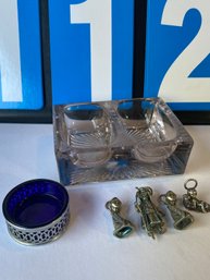 Lot 112 - Two Salts And Some Trinkets. One Colbalt With Silver Band And One Pressed Glass.