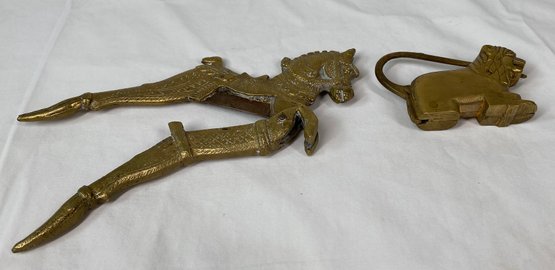 Vintage Brass Sarota With Horse Face Vintage Brass Betel Nut Cutter And Antique Brass Lion Lock