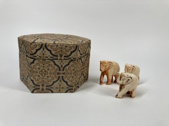 Hand Carved Stone Elephants With Vintage Fabric Covered Trinket Box