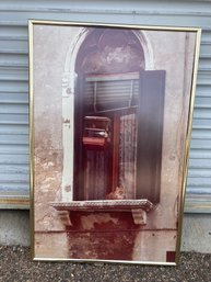 Large, Framed Vintage Photograph Of Cat & Bird In A Cage