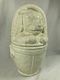 Cute White Dog In Basket Cookie Jar