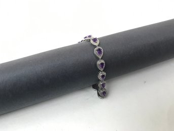 Sterling Silver Bracelet With Pear Cut Amethyst & Diamond Chips