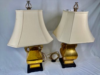 Pair Of Beautiful Mid Century Brass Lamps With Silk Shades