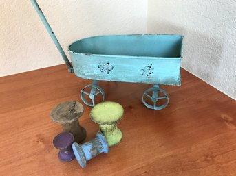 Distressed Blue Tin Wagon Decor With Painted Wooden Spools