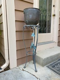 Modeled Metal Pot With Tall Metal Plantstand  & Cast Metal Wind Chime