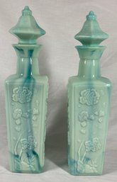 Pair Of Vintage Green Milk Glass Jim Beam Decanter