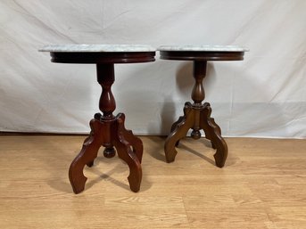 Set Of Wooden Side Tables With Marble Tops