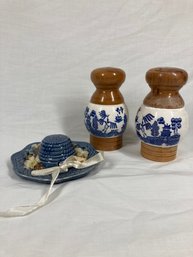 Porcelain & Wood Salt And Pepper Shaker & Ceramic Decorative Hat