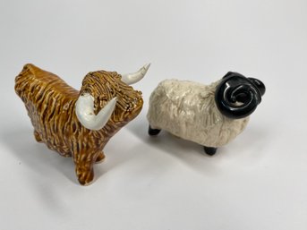 Castle Wynd Pottery Highland Cattle Figurine, CWS Spaghetti Pottery Signed Cow Bull & Long Horned Sheep