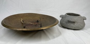 Antique Hand Tooled Bronze Footed Plate With Lidded Hand Carved Stone Vessel