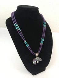 Multi Strand Amethyst Necklace With Navajo Reversible Inlay Bear Pendant & Sterling Southwest Style Bracelet