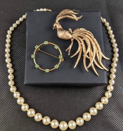 Beautiful Vintage Grouping -strand Of Faux Pearls, Avon Bird Of Paradise Brooch, & Green Jeweled Circle