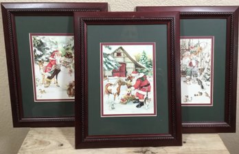 Three Beautifully Framed & Matted Prints Of Santa At Christmas