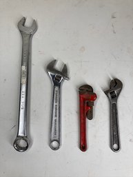 2 Cresent Wrenches, 1 1/8' Wrench & Small Pipe Wrench