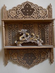 Beautiful Vintage Cast Brass Chinese Dragon With Ornate Hand Carved Wooden Shelf