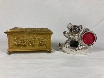 Cast Metal Bear Picture Frame & Bronze Toned Jewelry Box