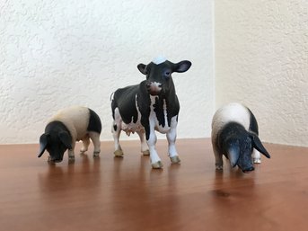 Highly Detailed Black And White Farm Animal Figures- Molded Hard Plastic (2 Pigs, 1 Cow)