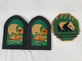 Bangladeshi 4 Sided Folding Screen With Wood Sailboat Appliqu & Round Beaded Panda Piece